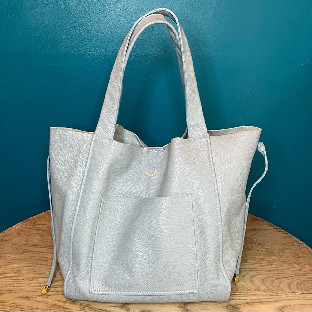 Persaman New York Slouchy Leather Hobo Tote Large Bag Light Blue Pebbled